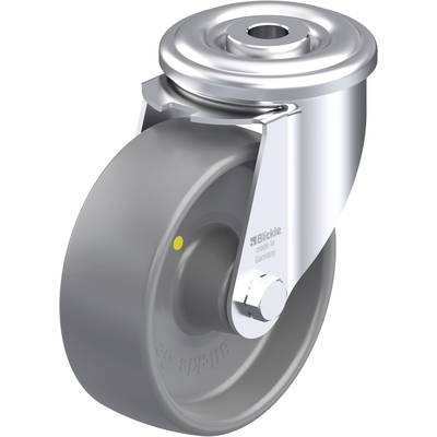 Szare/srebrne koło wózka transportowego z metalową obudową firmy 'Blickle made in Germany', oznacza wysoką jakość i stabilność.