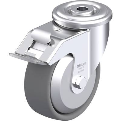 Metalowa rolka kierunkowa z szarym kołem i mechanizmem zawieszenia. Solidna i odpowiednia do zastosowań przemysłowych.