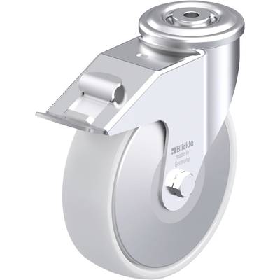 Metalowa ciężka rolka skrętna z szarym kołem i mocowaniem. Napis 'Blickle made in Germany'. Idealna do zastosowań przemysłowych.