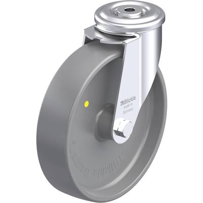 Szare metalowe kółko z mocowaniem. Napis 'Blickle made in Germany'. Odpowiednie do mebli lub urządzeń.