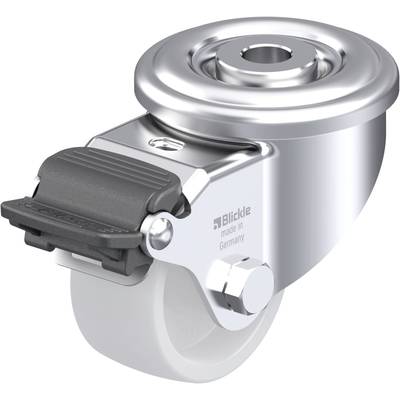 Metalowa rolka obrotowa z szarym gumowym kołem i hamulcem z boku. Napis "made in Germany".