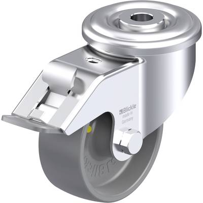 Metalowa rolka z szarym kołem, błyszczącą obudową i hamulcem postojowym, oznaczona napisem 'Blickle made in Germany'.