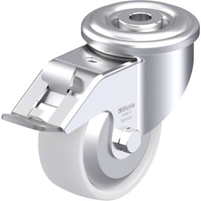 Srebrne, obrotowe metalowe koło z szarym plastikowym bieżnikiem, oznaczone napisem 'Blickle, made in Germany', odpowiednie do mebli lub wózków.
