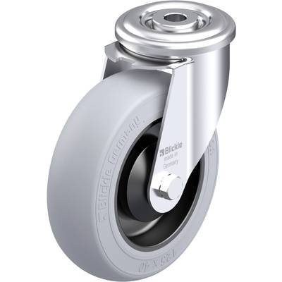 Szare metalowo-gumowe kółko skrętne z napisem 'Blickle made in Germany', odpowiednie do mebli lub urządzeń.