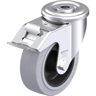 Metalowa rolka z szarym kołem gumowym, przeznaczona do zastosowań przemysłowych. Napis na rolce: 'Blickle made in Germany'.