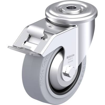 Srebrne metalowe kółko skrętne z szarym kołem i hamulcem. Napis: 'Blickle, made in Germany'.