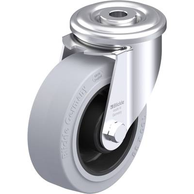 Przemysłowa rolka obrotowa z szarym kołem i srebrną obudową. Na metalowym uchwycie widnieje napis 'Blickle made in Germany'.
