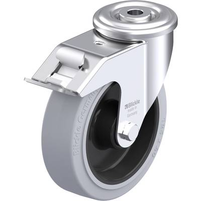 Srebrna rolka kierunkowa z szarym kołem, na której widnieje logo 'Blickle made in Germany'. Rolka posiada metalowe ramię.