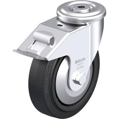Rolka z metalowym widelcem i czarnym kołem, z widocznym napisem 'Blickle made in Germany', o przemysłowym designie, stabilna i wszechstronnie użyteczna.