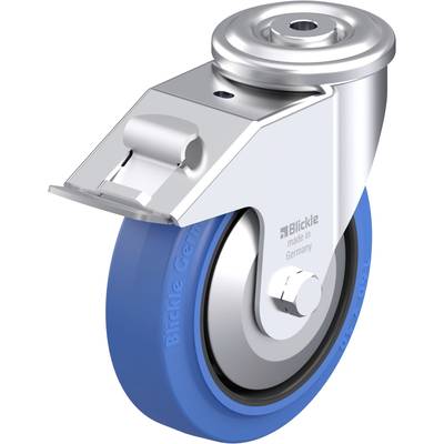 Metalowe obrotowe mocowanie kółka z niebieskim plastikowym kółkiem. Odpowiednie do mebli lub urządzeń, produkowane w Niemczech.