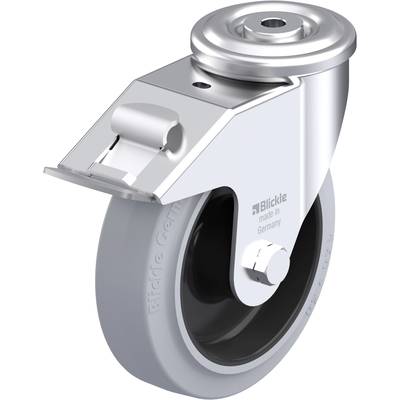 Szara, obrotowa rolka kierownicza z metalu z hamulcem postojowym; napis 'Blickle made in Germany' na rolce.