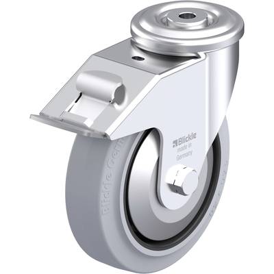 Rolka z obudową wykonaną z srebrnego metalu i szarym kołem, odpowiednia do mebli lub urządzeń. Napis 'Blickle, made in Germany'.