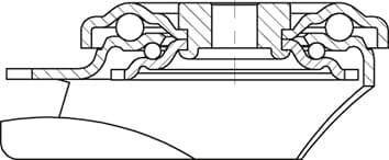 Przekrój poprzeczny łożyska mechanicznego z dwoma kulkami i wieloma uszczelnieniami. Przedstawia rozmieszczenie i strukturę komponentów.