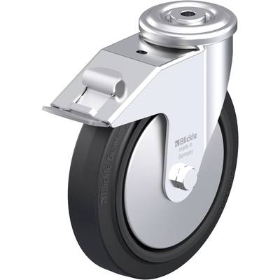 Metalowo-gumowa rolka obrotowa z hamulcem, przeznaczona do zastosowań przemysłowych. Napis: 'Blickle made in Germany'.