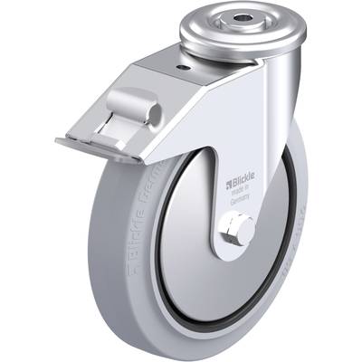 Przemysłowe kółko skrętne z metalu z szarym kołem i hamulcem, z napisem 'Blickle made in Germany' na powierzchni opony.
