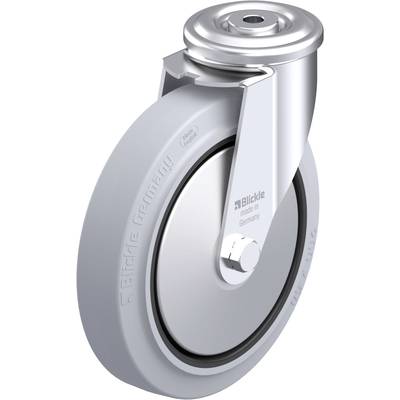 Szara rolka kierunkowa z metalową obudową i napisem 'Blickle made in Germany' na boku, na jasnym tle.