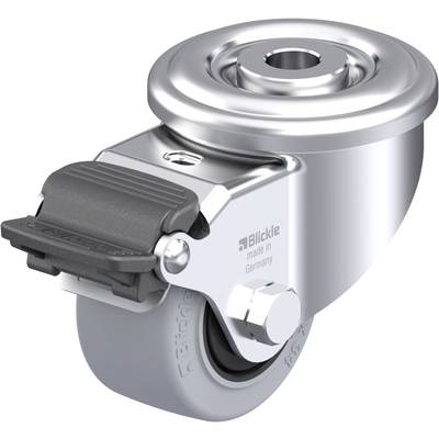 Rolka z wytrzymałą obudową metalową i szarą gumą, idealna do ciężarówek. Napis: 'Blickle made in Germany'.