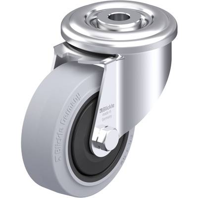 Szara rolka kierunkowa z obudową metalową, na której widnieje logo 'Blickle' i napis 'made in Germany'. Idealna do mebli lub urządzeń.