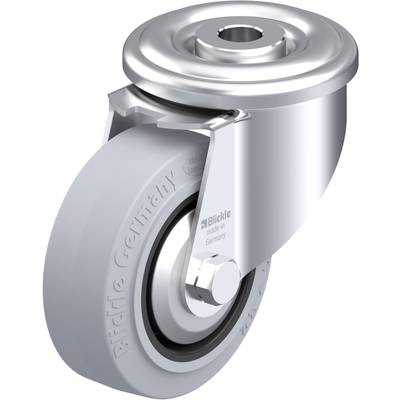 Metalowo-plastikowa rolka obrotowa, cylindryczny sworzeń, gładkie szare koło, po bokach grawerowany napis 'Blickle made in Germany'.