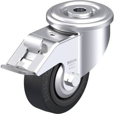 Metalowe kółko skrętne z czarnym kołem i uchwytem z napisem 'Blickle, made in Germany'. Odpowiednie do mebli lub urządzeń.
