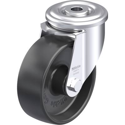 Metalowa rolka z czarnym kołem i srebrnym mocowaniem, odpowiednia do zastosowań przemysłowych. Oznaczona logo 'Blickle made in Germany'.
