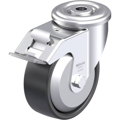 Srebrne, obrotowe kółko jezdne wykonane z metalu i gumy z hamulcem. Napis: 'Blickle, made in Germany'. Odpowiednie do zastosowań przemysłowych.