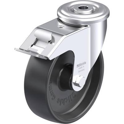 Metalowe kółko jezdne z hamulcem, z czarną, gumowaną bieżnią i srebrnym mocowaniem. Napis 'Blickle made in Germany'.