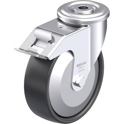 Przemysłowa rolka obrotowa z metalu z czarnym kołem i łożyskiem obrotowym, na której widnieje napis 'Blickle made in Germany'.