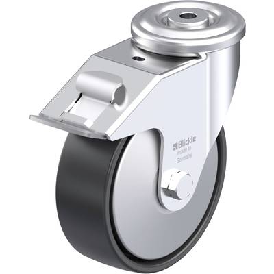 Świecąca metalowa rolka kierunkowa z kółkiem z tworzywa sztucznego, odpowiednia do mebli lub wózków, oznaczona napisem 'Blickle made in Germany'.
