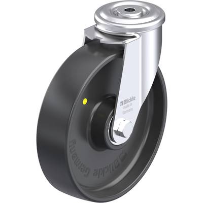 Przemysłowo wytwarzane czarne kółko skrętne firmy Blickle z metalowym uchwytem, średnica około 100 mm, z nadrukiem 'Blickle made in Germany'.