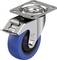 Rolka z niebieskim ogumieniem gumowym i obudową metalową, wyposażona w hamulec postojowy, możliwa do zamontowania na prostokątnej płycie metalowej od góry.
