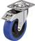 Rolka z niebieskim kółkiem, zamontowana na metalowym uchwycie z obrotowym łożyskiem kulkowym, zaprojektowana do mebli lub urządzeń transportowych.