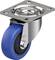 Rolka obrotowa z niebieską bieżnią poliuretanową i obudową stalową, zamontowana na prostokątnej płycie, przeznaczona do zastosowań przemysłowych.