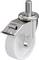 Rolka z białym kołem i srebrną metalową obudową, z dźwignią z boku. Duża, solidna konstrukcja, odpowiednia do ciężkich obciążeń.