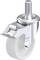 Przemysłowa podwójnie blokowana rolka metalowa z białym kółkiem, numer produktu 596028, odpowiednia do stosowania w wózkach jezdnych.