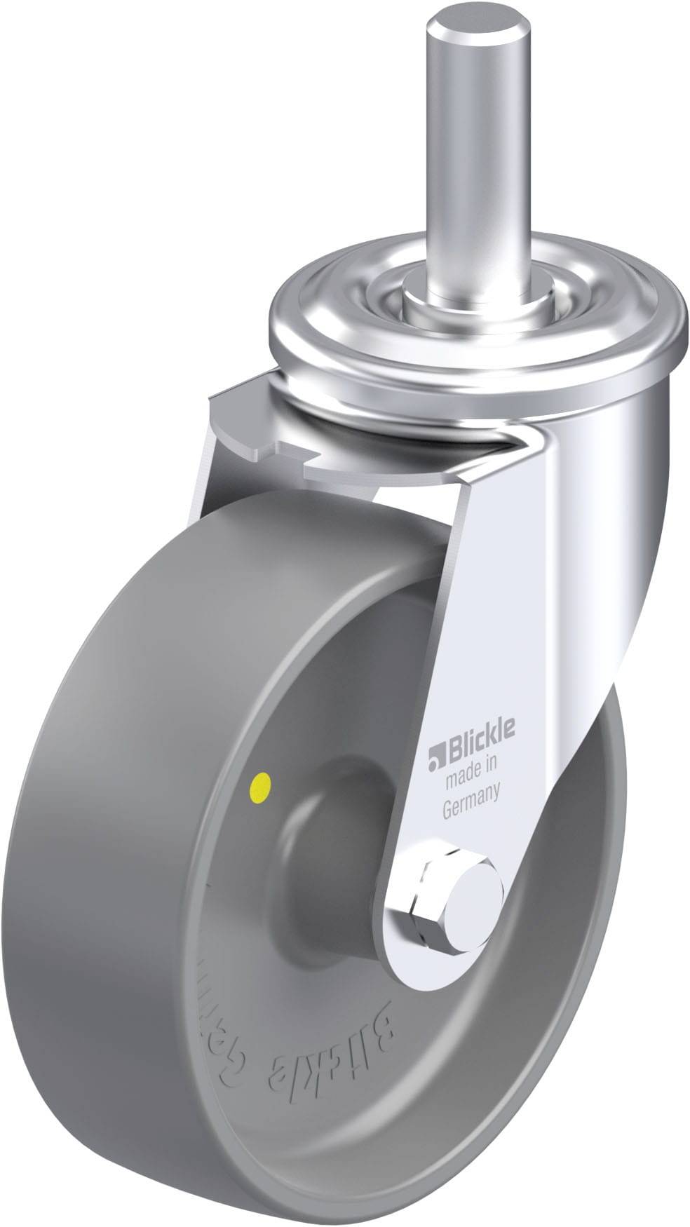 Szara rolka transportowa z obudową w kolorze srebrnym i żółtym punktem, produkowana przez 'Blickle' w Niemczech. Stosowana w meblach lub urządzeniach.