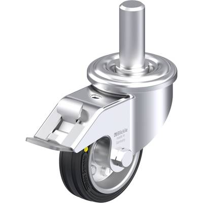 Metalowa rolka z czarną gumą, obrotowa, cylindryczny sworzeń mocujący, z napisem 'Blickle made in Germany'.