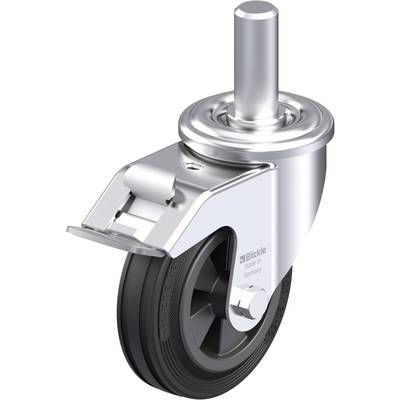 Metalowa rolka z czarnym kółkiem i mocowaniem, odpowiednia do mebli lub urządzeń transportowych. Produkowana w Niemczech przez znanego producenta.