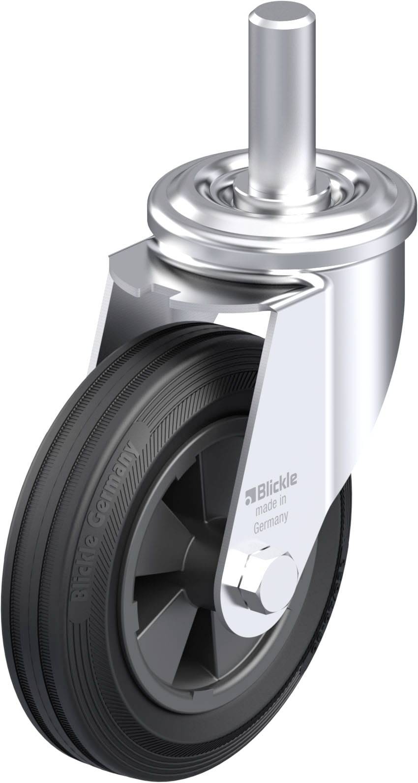 Rolka obrotowa z czarnym kołem i metalowym mocowaniem. Odpowiednia do zastosowań przemysłowych lub urządzeń transportowych.