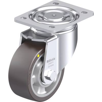 Pojedyncza metalowa rolka kierunkowa z szarym kołem gumowym i płytką mocującą. Na uchwycie widnieje napis 'Blickle made in Germany'.