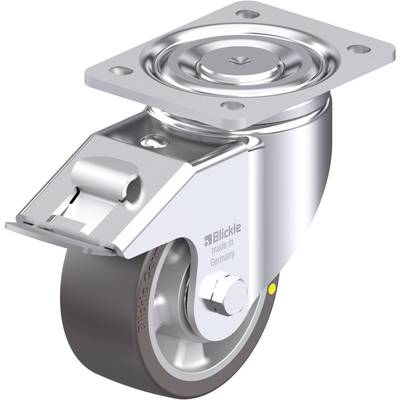 Kółko obrotowe z metalowym uchwytem, mechanizmem obrotowym i hamulcem, odpowiednie do mebli lub wózków transportowych.