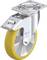 Przemysłowe koło skrętne z żółtym kołem, srebrną obudową i płytką mocującą, przeznaczone do ciężkich obciążeń. Nadrukowana nazwa marki.