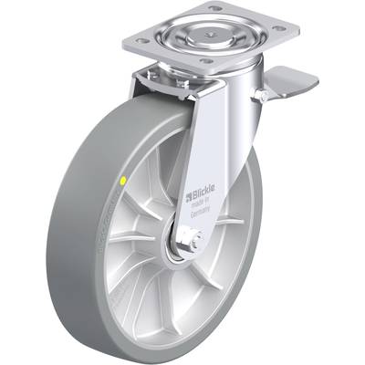 Koło jezdne z szarym oponą i lśniącą metalową ramą. Koło posiada napis "made in Germany". Przednia strona z płytą mocującą.