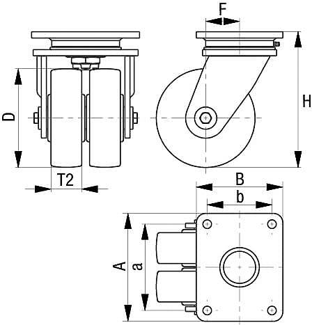 'Rysunek techniczny podwójnego zestawu kół kierujących z wymiarami. Przedstawienie widoku z boku, widoku z przodu i widoku z góry.'