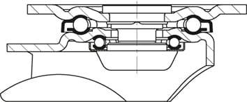 Przekrój poprzeczny łożyska kulkowego z dokładnym przedstawieniem elementów łożyska, w tym kulek i obudowy.