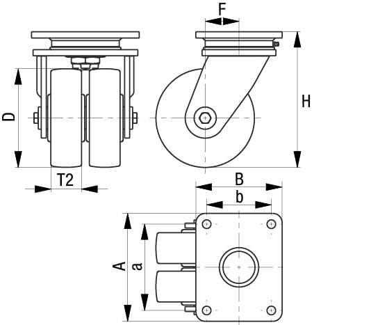 Rysunek techniczny dwóch kół z wymiarami: F, H, D, T2, a, B, b.