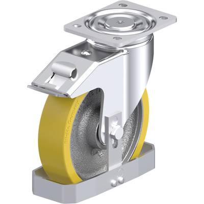 Metalowa obudowa rolki kierującej z żółtym kołem, zamocowana na prostokątnej płycie metalowej, przedstawiona z perspektywy bocznej.