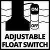 Rysunek przedstawia schematyczny symbol regulowanego pływakowego przełącznika poziomu z oznaczeniami 'ON' i 'OFF'.