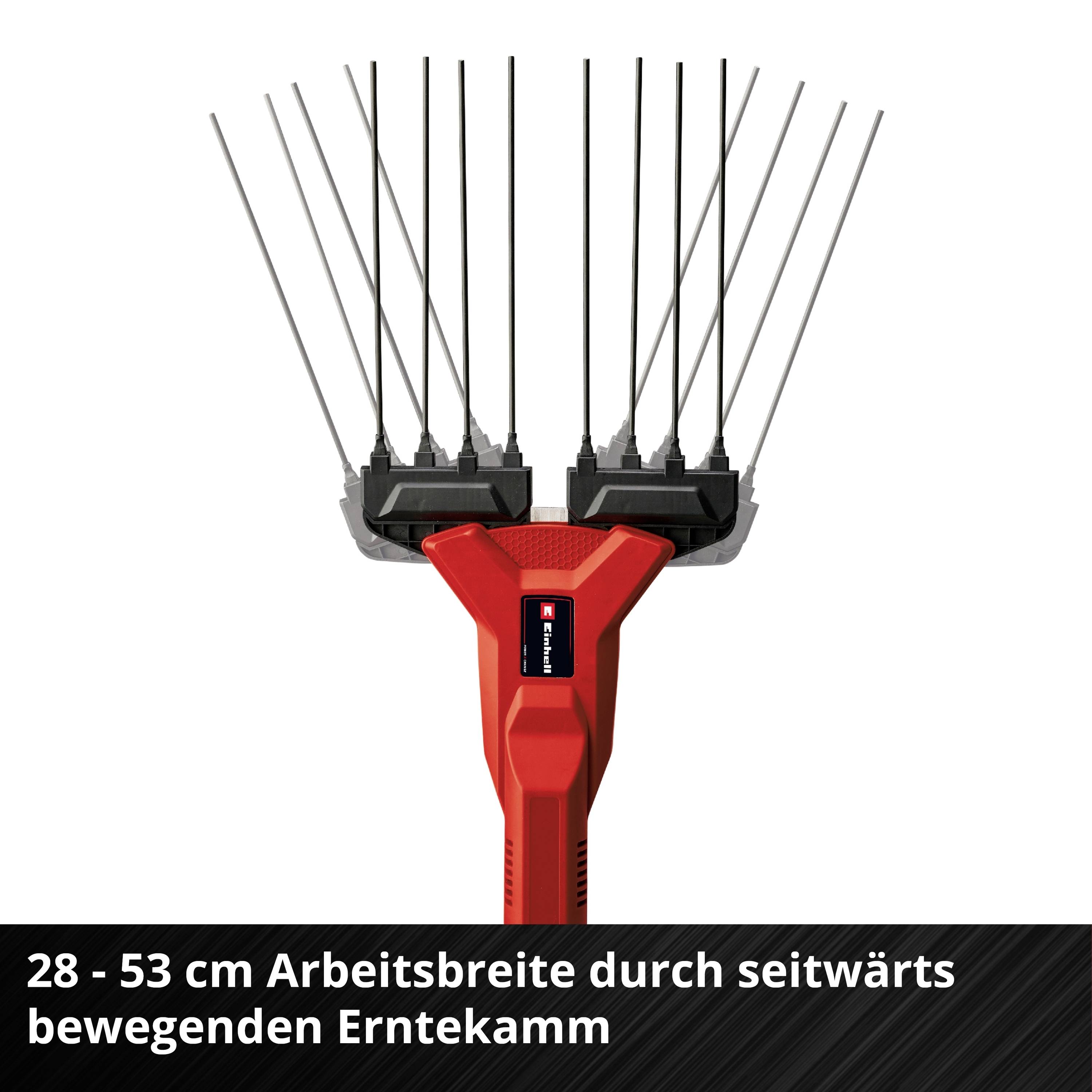 Narzędzie ogrodowe: Grabie do liści o zmiennej szerokości roboczej między 28-53 cm, idealne do zbierania liści i skoszonej trawy w ogrodzie.