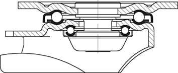 Diagram przekroju łożyska, przedstawiający łożysko kulkowe, uszczelnienia i obudowę w widoku przekroju poprzecznego, ilustrujący strukturę mechaniczną.